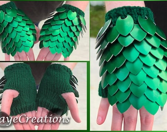 Small Green on Dark Forest Green Scalemail Gauntlets - Dragon Scale Fingerless Knitted Gloves - JayeCreations