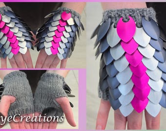Small Bubblegum Pink and Monochrome Stripes on Medium Grey Scalemail Gauntlets - Dragon Scale Fingerless Knitted Gloves - JayeCreations