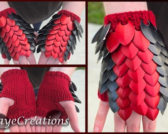 Small Black and Matte Red Scales on Crimson Red Yarn Scalemail Gauntlets - Dragon Scale Fingerless Knitted Gloves - JayeCreations