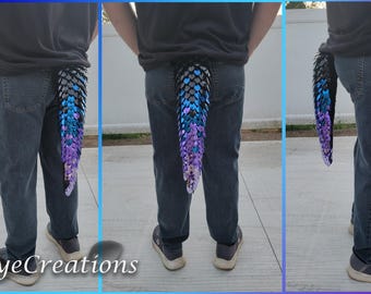 Small 100% Premium Purples to Blue to Black Gradient on Black Yarn Scalemail Dragon Tail - Knitted Costume Tail - JayeCreations
