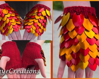 Small 100% Bright Red, Orange, and Gold on Crimson Red Scalemail Gauntlets - Dragon Scale Fingerless Knitted Gloves - JayeCreations