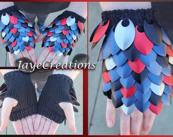 Small Red and Monochrome on Black Gauntlets - Dragon Scale Fingerless Knitted Gloves - JayeCreations