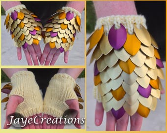 Small Matte Gold and Premium Pumpkin and Mauve on Pastel Yellow Scalemail Gauntlets - Dragon Scale Fingerless Knitted Gloves - JayeCreations