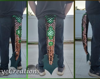 Medium Copper and Premium Greens w/Evergreen Tail Fin on Dark Chocolate Yarn Scalemail Dragon Tail - Knitted Costume Tail - JayeCreations