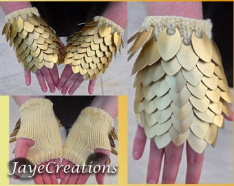 Small Matte Gold on Pastel Yellow Scalemail Gauntlets - Dragon Scale Fingerless Knitted Gloves - JayeCreations