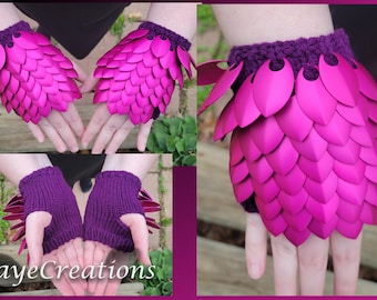 Small 100% Premium Bubblegum on Dark Purple Gauntlets - Dragon Scale Fingerless Knitted Gloves - JayeCreations