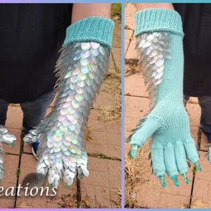 Ethereal Green Iridescent Large Half Wrap on Pastel Green Yarn Gauntlets - Dragon Scale Costume Sleeves - Knitted Scalemail - JayeCreations