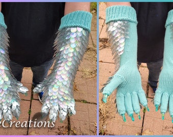 Ethereal Green Iridescent Large Half Wrap on Pastel Green Yarn Gauntlets - Dragon Scale Costume Sleeves - Knitted Scalemail - JayeCreations