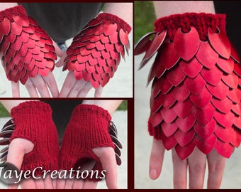 Small Red Scales on Crimson Red Scalemail Gauntlets - Dragon Scale Fingerless Knitted Gloves - JayeCreations