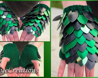 Small Green, Black, and Bright Seafoam on Dark Forest Green Scalemail Gauntlets - Dragon Scale Fingerless Knitted Gloves - JayeCreations