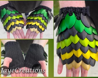 Small Premium Matte Yellows to Greens with Onyx Chevrons on Black Scalemail Gauntlets - Dragon Scale Fingerless Gloves - JayeCreations