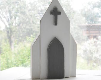 Rustic Church 8"H/Distressed Wood Church/Church with Cross/Primitive Church for Easter and Christmas Decor/Tiered Tray Wood Country Church