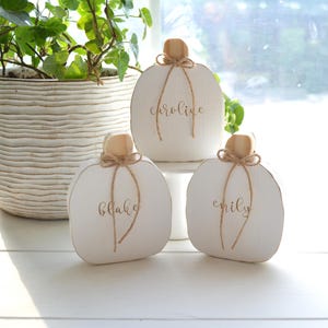 May include: Three white wooden pumpkin-shaped decorations with natural wood stems and jute twine bows. Each pumpkin features a name written in cursive script: Caroline on the center pumpkin, Blake on the left, and Emily on the right side.