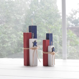 Red White & Blue Flag Firecracker/5.25&quot;H and 6.5&quot;H/Primitive Wood Firecracker Decor/Americana Patriotic Tier Tray/Summer July 4th Decor Gift
