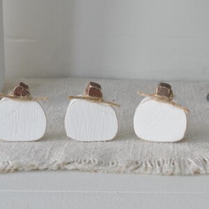 May include: Three small, white-painted wooden pumpkin cutouts arranged in a row. Each pumpkin features a brown wooden stem and a thin piece of natural jute twine tied around the base of the stem, creating a simple, rustic decorative accent.