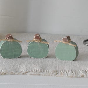 May include: Three small, sage green wooden pumpkins arranged in a row. Each pumpkin features a flat, rounded shape with a distressed white edge, a small brown wooden stem, and a thin piece of natural jute twine tied around the base of the stem.