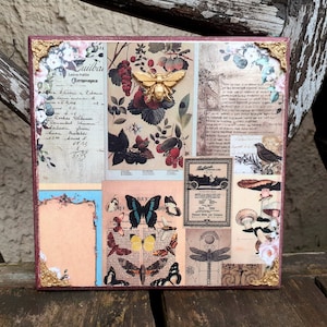 Quadro floreale shabby chic, targa da muro botanica in stile vintage con fiori e farfalle