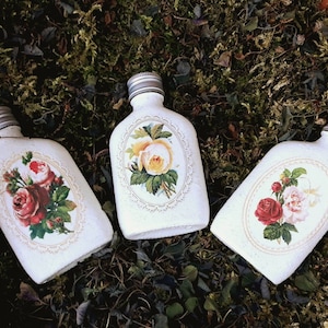 Shabby chic floral perfume bottles 50 ml, flat bottle / flask with silver lid - Roses