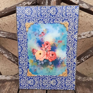 Shabby wall picture, vintage floral wall decor, blue pink, flowers roses