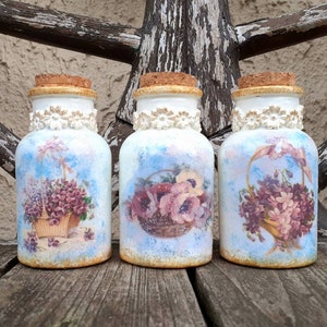 Shabby Chic Floral Glass Jars: Hand-Decorated Vintage Bathroom Decor