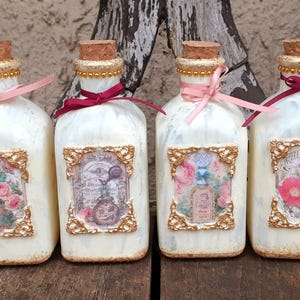 Flacons de parfum en verre shabby chic de 100 ml, décoration d'intérieur vintage avec bouchons en liège, flacons d'apothicaire en ivoire avec perles, moulures et noeud