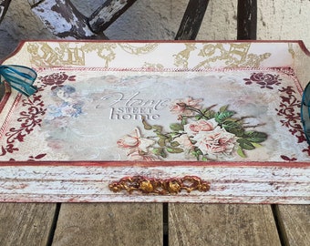Shabby chic vintage wooden tray, floral decorative tray with handles, pink roses