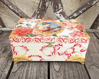 Shabby chic floral jewellery box with clasp, vintage embellished wooden box
