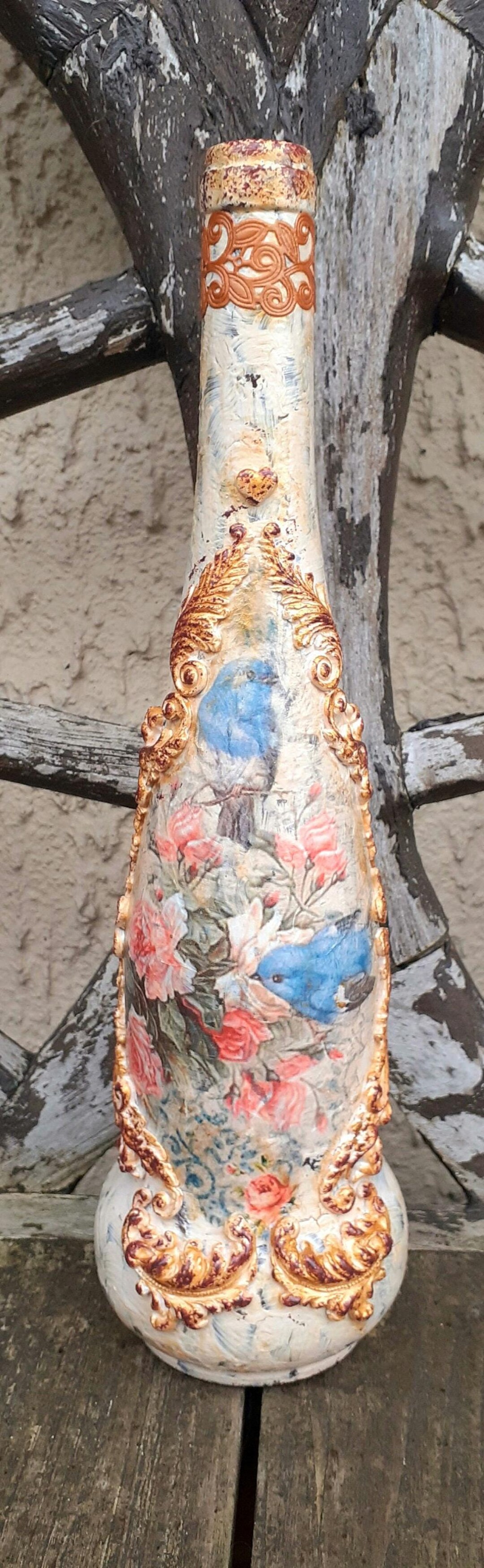 Pink Upcycled Bottle Vase: Shabby Chic Blue Birds & Roses - Etsy