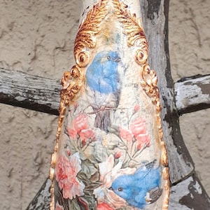 Pink Upcycled Bottle Vase: Shabby Chic Blue Birds & Roses