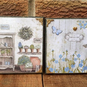 Shabby chic picture plaques - Blue flowers
