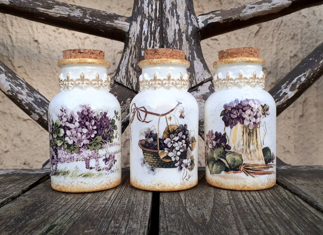 Shabby Chic Bathroom Jars / Sweet Jars Vintage Flowers Jars With Cork Tops and Mouldings - Etsy