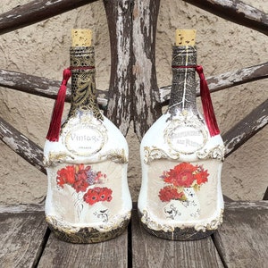 Shabby chic decorative glass bottles, vintage bottles with mouldings