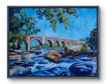 Impression giclée de peinture à l'huile originale | Fine Art Pont, Rivière, Roches