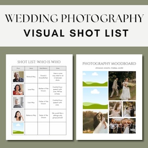May include: A wedding photography visual shot list template. The text "Wedding Photography Visual Shot List" is displayed. The template includes a "Shot List: Who is Who" section and a "Photography Moodboard" section with sample photos. The words "Editable Templates" are at the bottom.