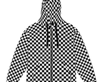 Black & White Emo Checkerboard Hoodie Y2K – Scene Kid Grunge, Oversized Unisex Alt Streetwear, Skater Aesthetic, Goth Punk Emocore Zip Up