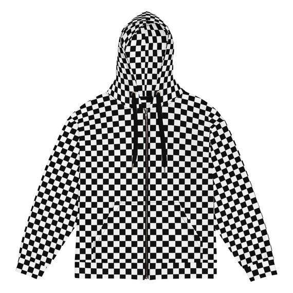 Black & White Emo Checkerboard Hoodie Y2K – Scene Kid Grunge, Oversized Unisex Alt Streetwear, Skater Aesthetic, Goth Punk Emocore Zip Up
