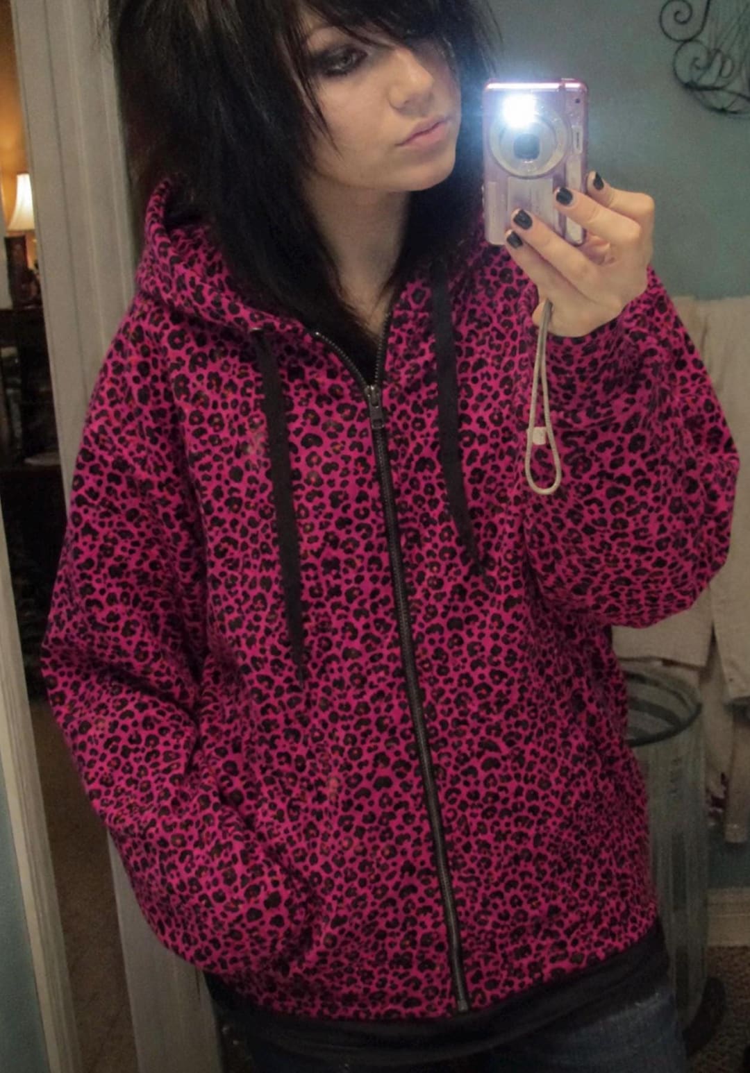 Pink & Black Leopard Print Zip-up Emo Hoodie – Y2K Scene Kid, Full