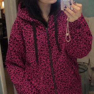 Pink & Black Leopard Print Zip-Up Emo Hoodie – Y2K Scene Kid, Full Zip, Alt Grunge Goth Punk, Unisex Oversized Skater Aesthetic