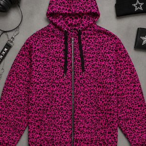 Pink & Black Leopard Print Zip-Up Emo Hoodie – Y2K Scene Kid, Full Zip, Alt Grunge Goth Punk, Unisex Oversized Skater Aesthetic image 2