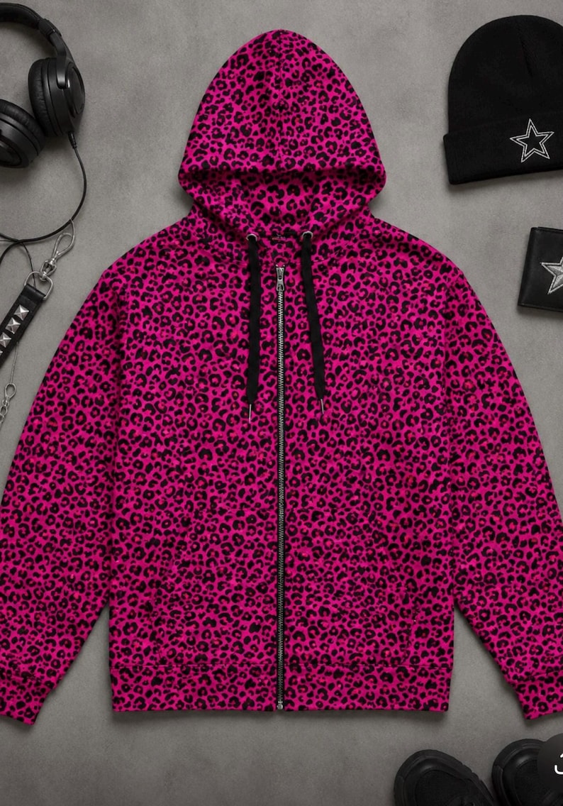 Pink & Black Leopard Print Zip-Up Emo Hoodie – Y2K Scene Kid, Full Zip, Alt Grunge Goth Punk, Unisex Oversized Skater Aesthetic image 2