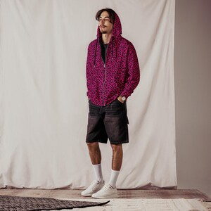 Pink & Black Leopard Print Zip-Up Emo Hoodie – Y2K Scene Kid, Full Zip, Alt Grunge Goth Punk, Unisex Oversized Skater Aesthetic