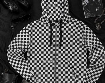 Black & White Emo Checkerboard Hoodie Y2K – Scene Kid Grunge, Oversized Unisex Alt Streetwear, Skater Aesthetic, Goth Punk Emocore Zip Up
