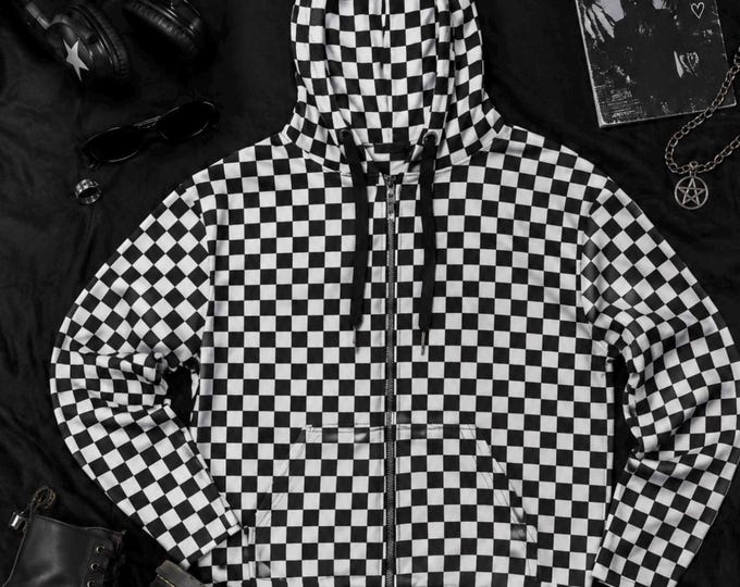 Black & White Emo Checkerboard Hoodie Y2K – Scene Kid Grunge, Oversized Unisex Alt Streetwear, Skater Aesthetic, Goth Punk Emocore Zip Up