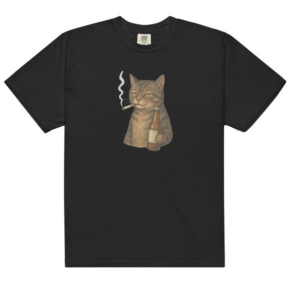 Funny Cat Smoking & Drinking Beer T-Shirt – Comfort Colors Unisex Meme Tee, Retro Humor Graphic Shirt, Ironic Animal T-Shirt Gift