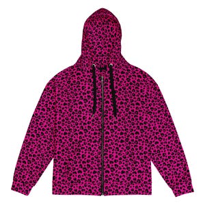 May include: A hot pink zip-up hoodie with a black leopard print pattern. The hoodie has a drawstring hood, a full-length zipper, and black drawstrings. The leopard print covers the entire hoodie, including the hood.