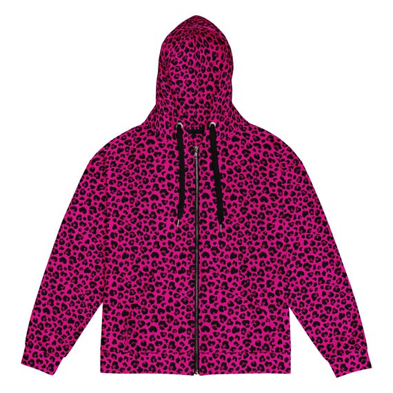 Pink & Black Leopard Print Zip-Up Emo Hoodie – Y2K Scene Kid, Full Zip, Alt Grunge Goth Punk, Unisex Oversized Skater Aesthetic