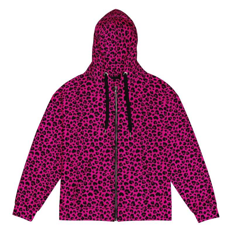 Pink & Black Leopard Print Zip-Up Emo Hoodie – Y2K Scene Kid, Full Zip, Alt Grunge Goth Punk, Unisex Oversized Skater Aesthetic