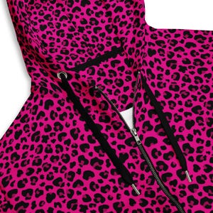 Pink & Black Leopard Print Zip-Up Emo Hoodie – Y2K Scene Kid, Full Zip, Alt Grunge Goth Punk, Unisex Oversized Skater Aesthetic