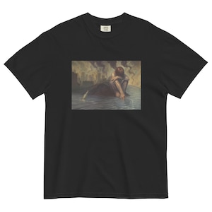 May include: Black t-shirt featuring a painting of a person sitting in water with a city skyline in the background. The person is hunched over, with their head in their hands. Smoke billows from the city.
