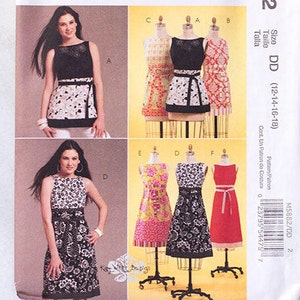 May include: A sewing pattern for a dress with a variety of styles. The pattern includes a black and white dress with a floral print, a black dress with a white trim, and a red dress with a white trim. The pattern is for sizes 12-14-16-18.